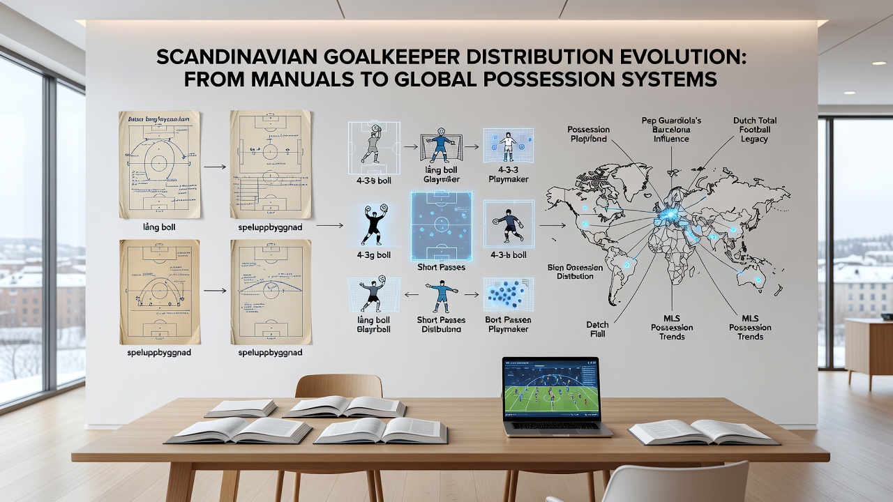 Scandinavian football training manual open on a table showing goalkeeper distribution diagrams and notes from the 1990s