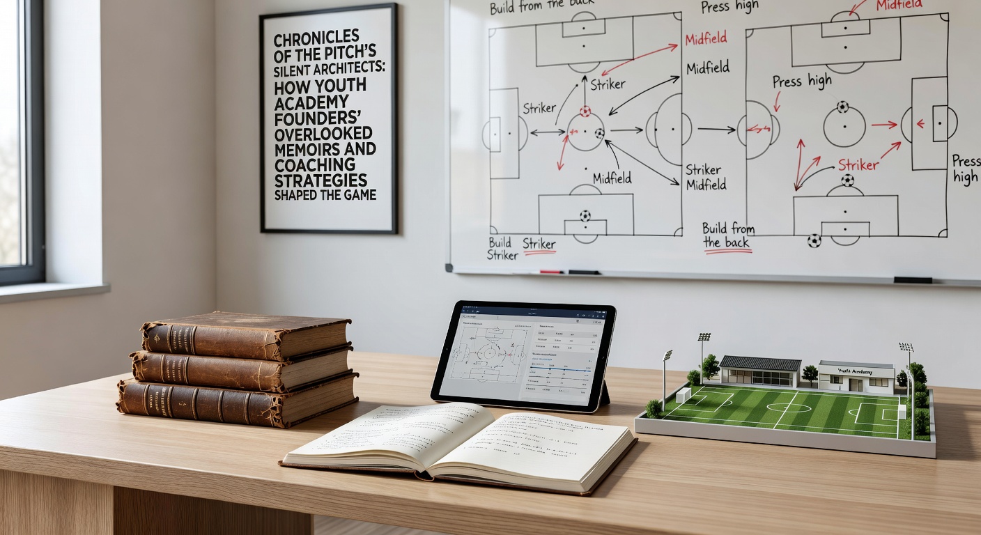 Coaching manual open on a desk beside a pitch with handwritten notes on youth training drills