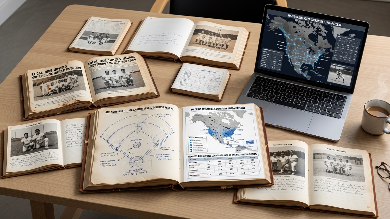 Archivist reviewing defensive diagrams from amateur club scrapbooks alongside college program training manuals