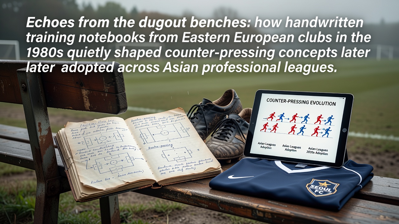 Handwritten training notebook pages from 1980s Eastern European football clubs showing tactical diagrams