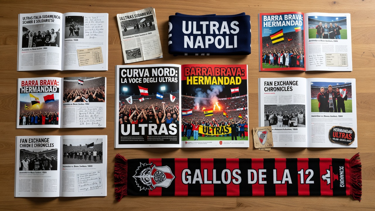 Archival fanzines from Italian ultras groups displayed alongside early South American fan publications in a research collection