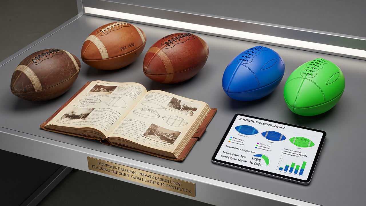 Comparative charts from design logs displaying flight path data and weight measurements for leather versus synthetic footballs across different weather conditions