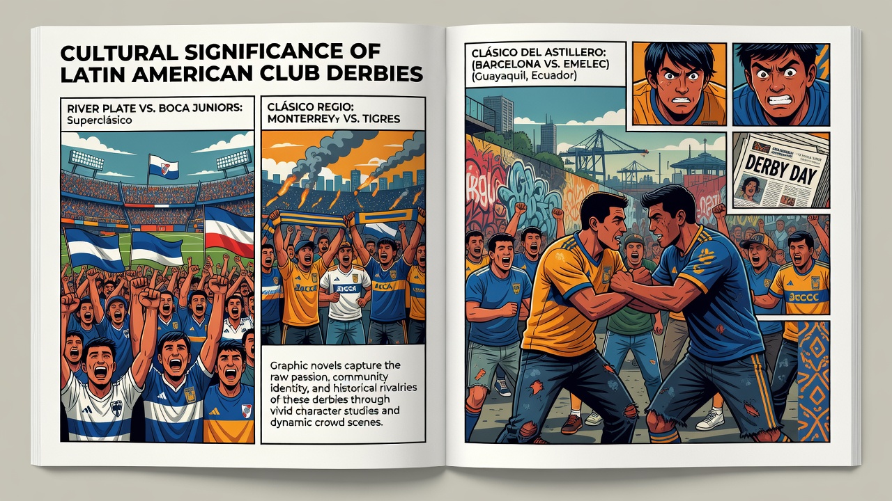 Illustrated sequence from a graphic novel showing fans and players during a classic Mexican derby between Club América and Chivas Guadalajara