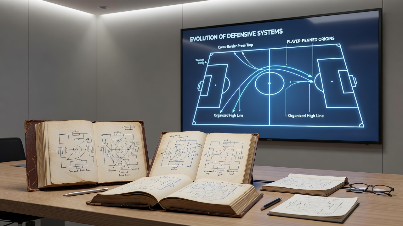 Mid-century training diagrams illustrating cross-border defensive setups used in Asian leagues