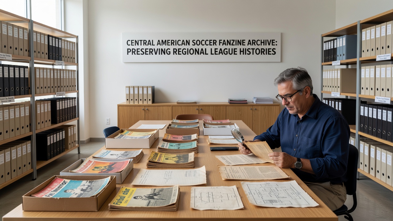 Close-up of stacked Central American soccer fanzines with visible league tables and club logos from the 1970s and 1980s