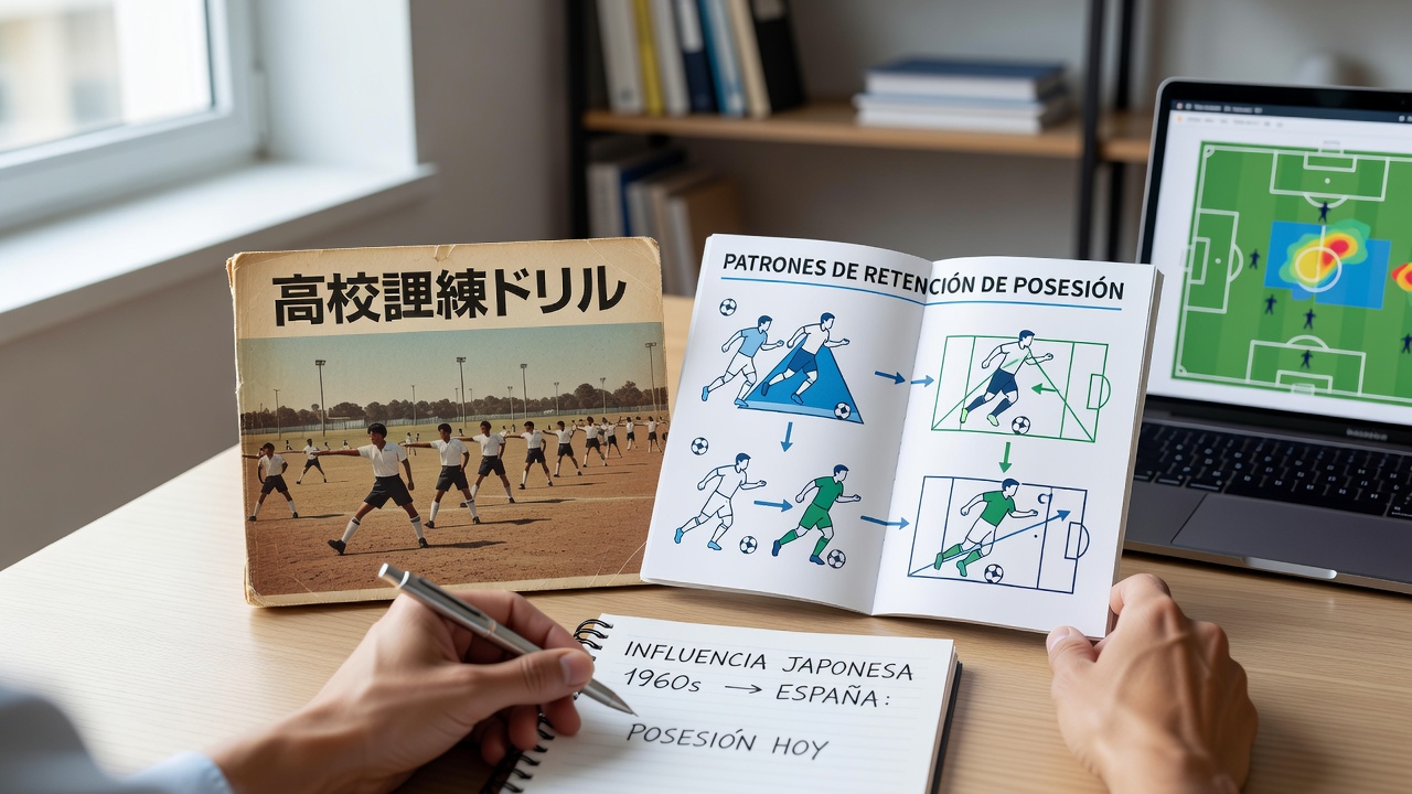 Historical image of Japanese high school students performing structured training drills in the 1960s alongside modern Spanish academy players practicing possession retention exercises