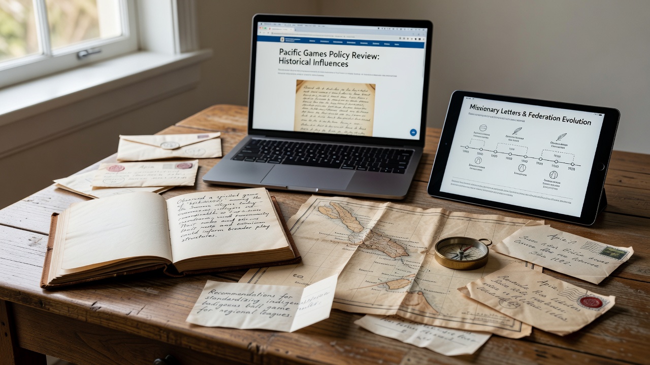 Archival image of handwritten notes from missionary educators on Pacific indigenous ball games