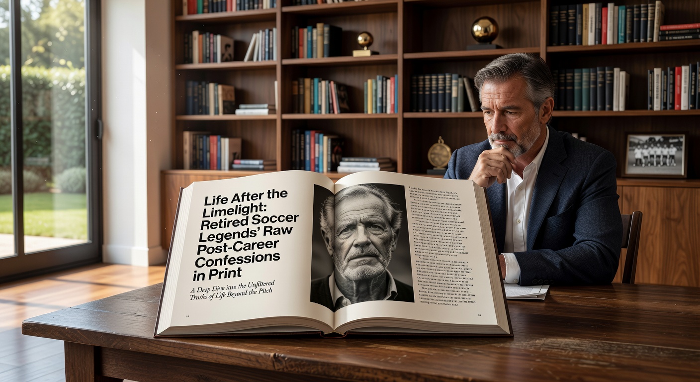 Retired soccer legend signing books at a launch event, surrounded by fans holding copies of his autobiography revealing post-career struggles