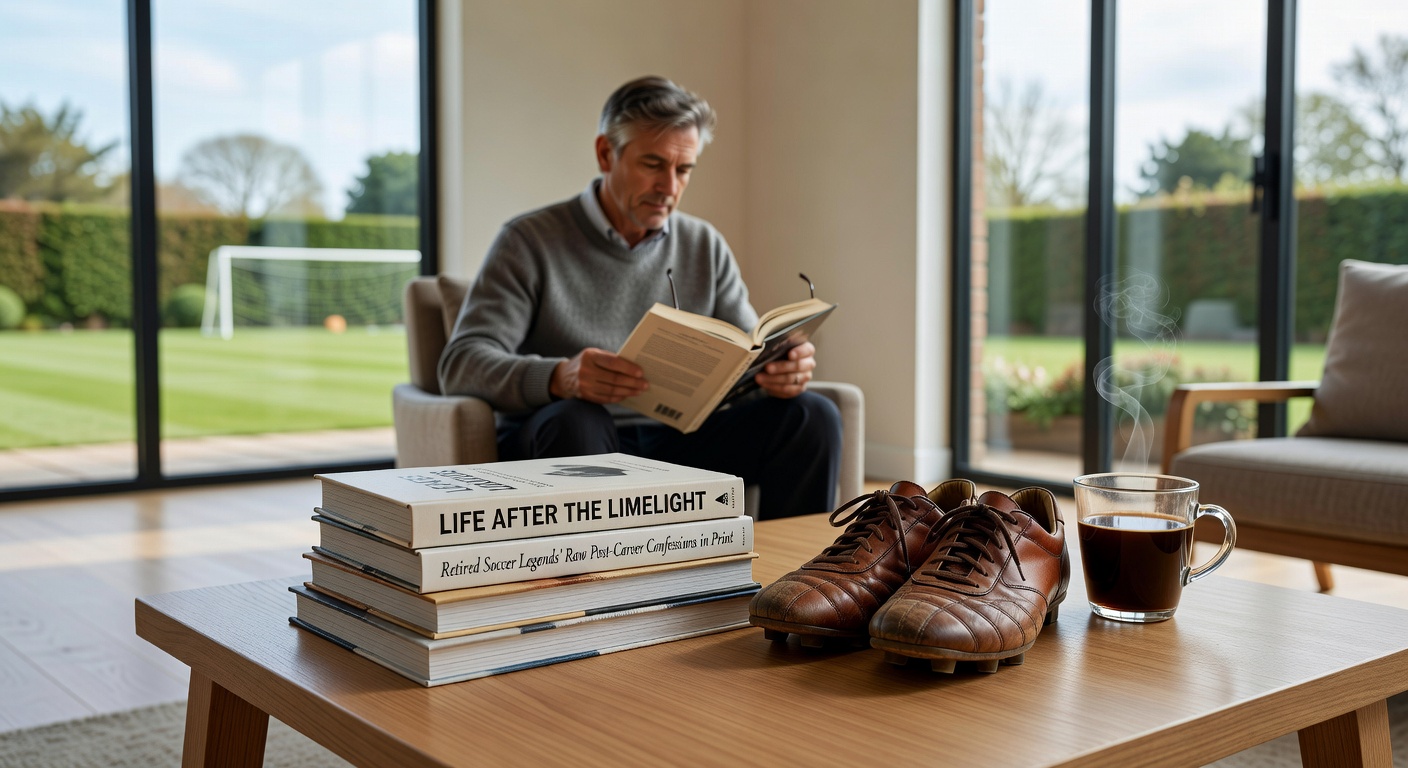 Stack of autobiographies by retired soccer stars on a wooden table, covers featuring intense portraits and titles hinting at personal turmoil after fame