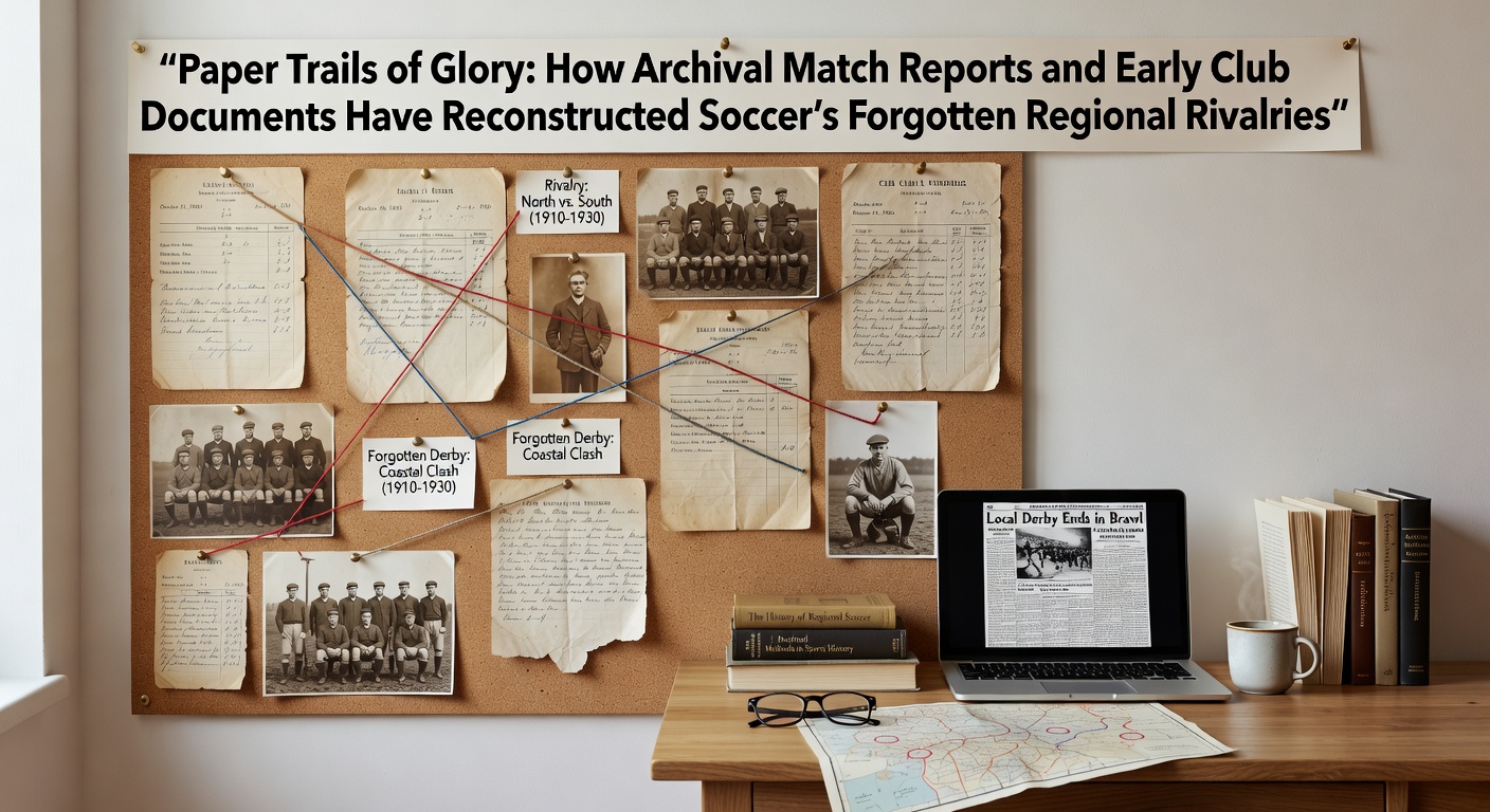 Historical archival match reports and early club documents spread across a research table, showing yellowed papers with handwritten scores and team lineups from early 20th century soccer matches