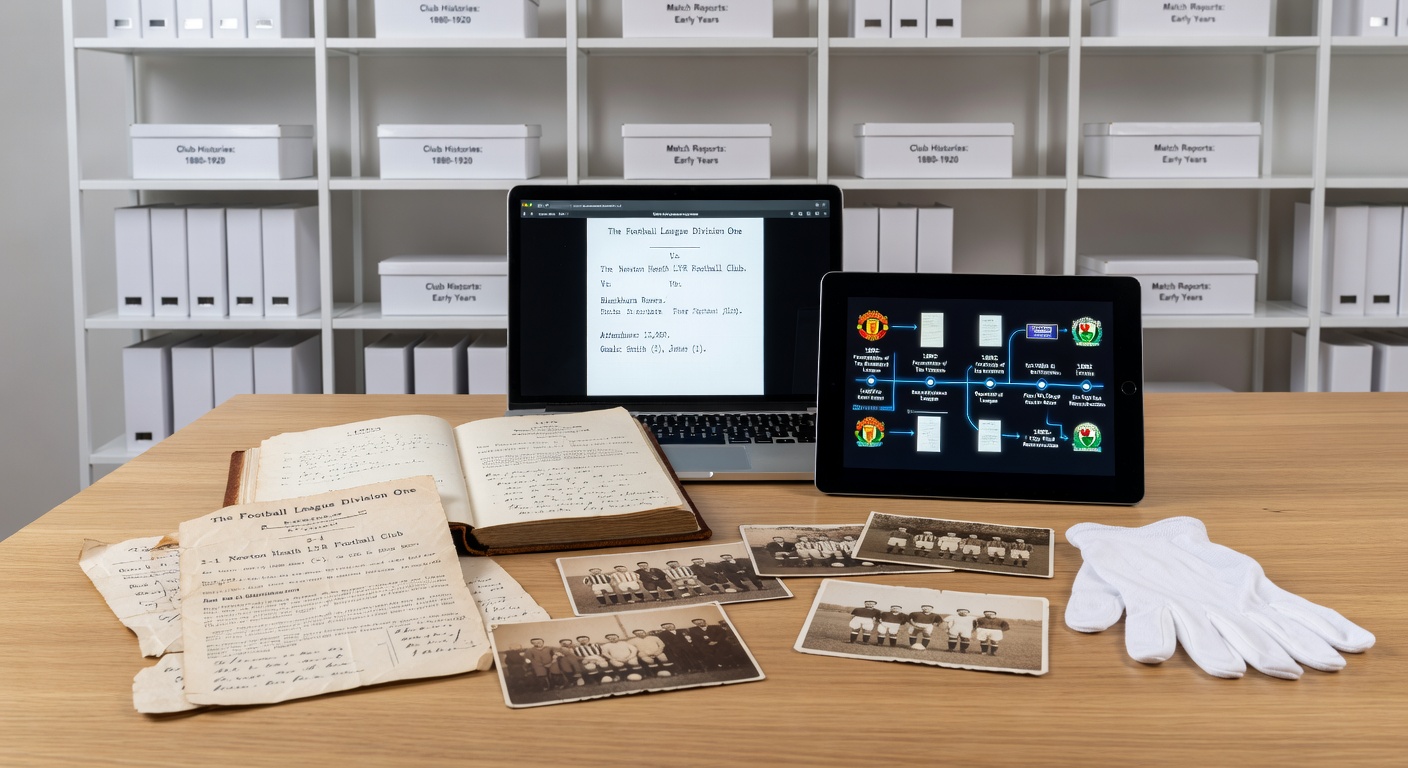 Open club ledger books and faded match programs from the 1900s, displaying handwritten notes on rival matches and attendance figures