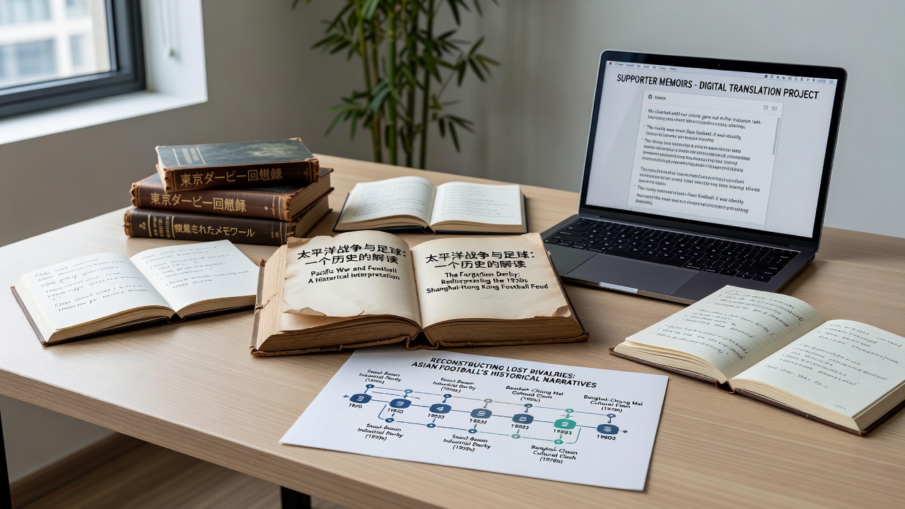 Supporter memoirs and translated documents arranged in an archive room with historical football photographs