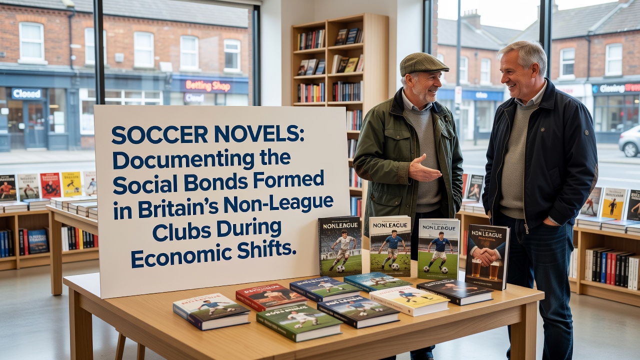 Historic photo of non-league soccer players and fans gathered at a modest British ground during challenging economic times