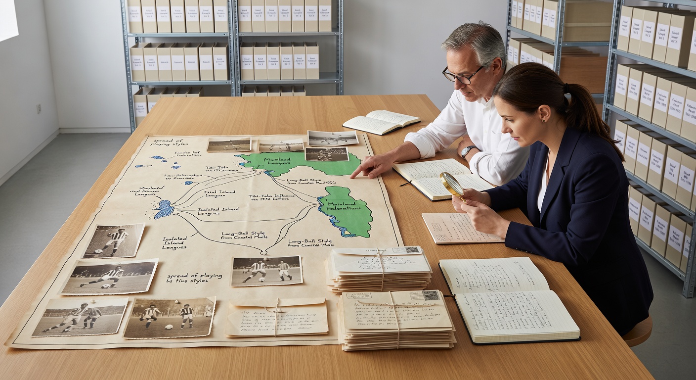 Club archivists sorting through stacks of historical letters detailing soccer tactics exchanged between island and mainland clubs