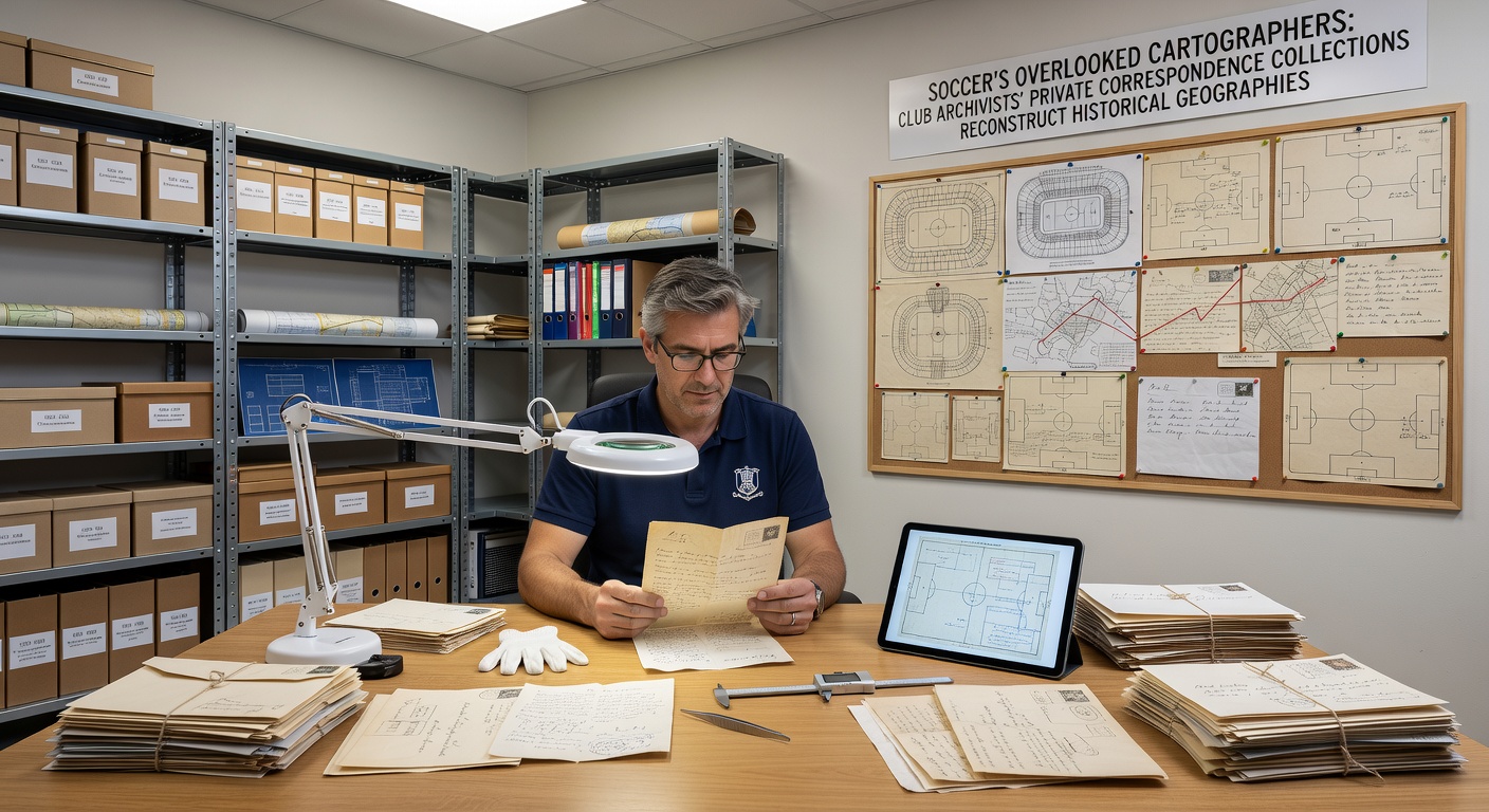 Historical letters and diagrams from soccer correspondence laid out on an archive table