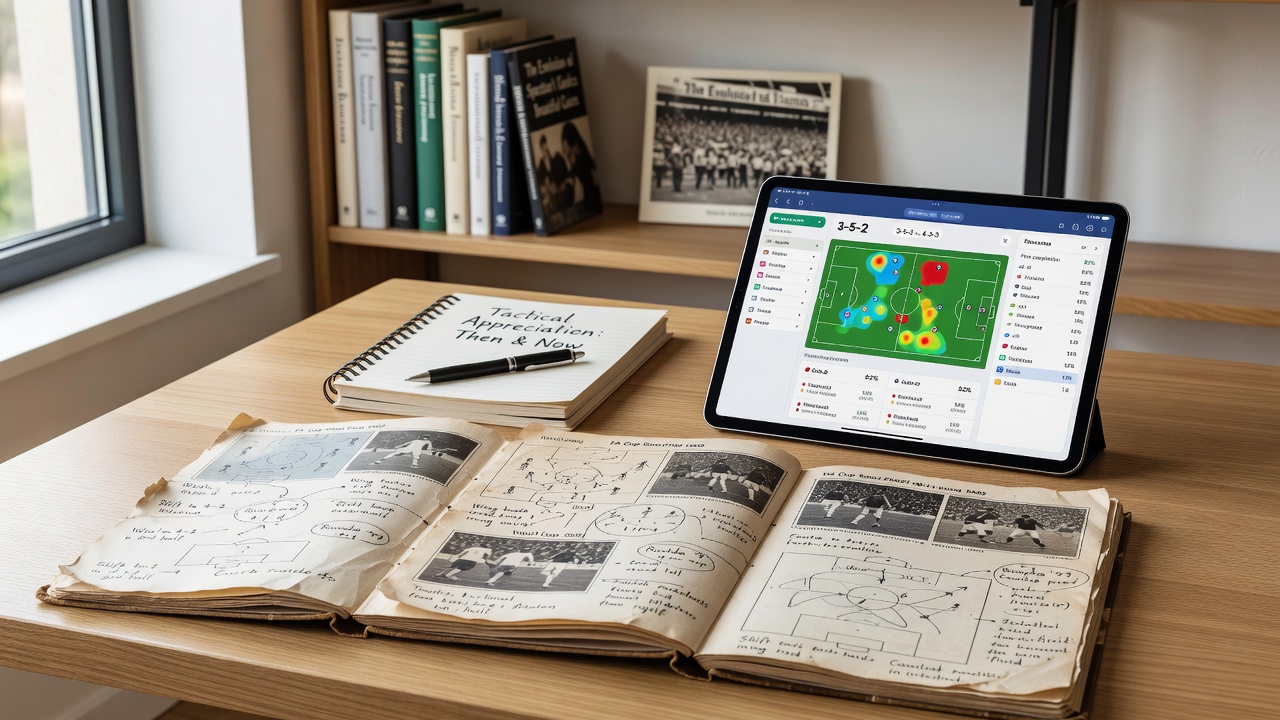 Close-up of match day program margins filled with working-class fan notes on tactical adjustments and player roles