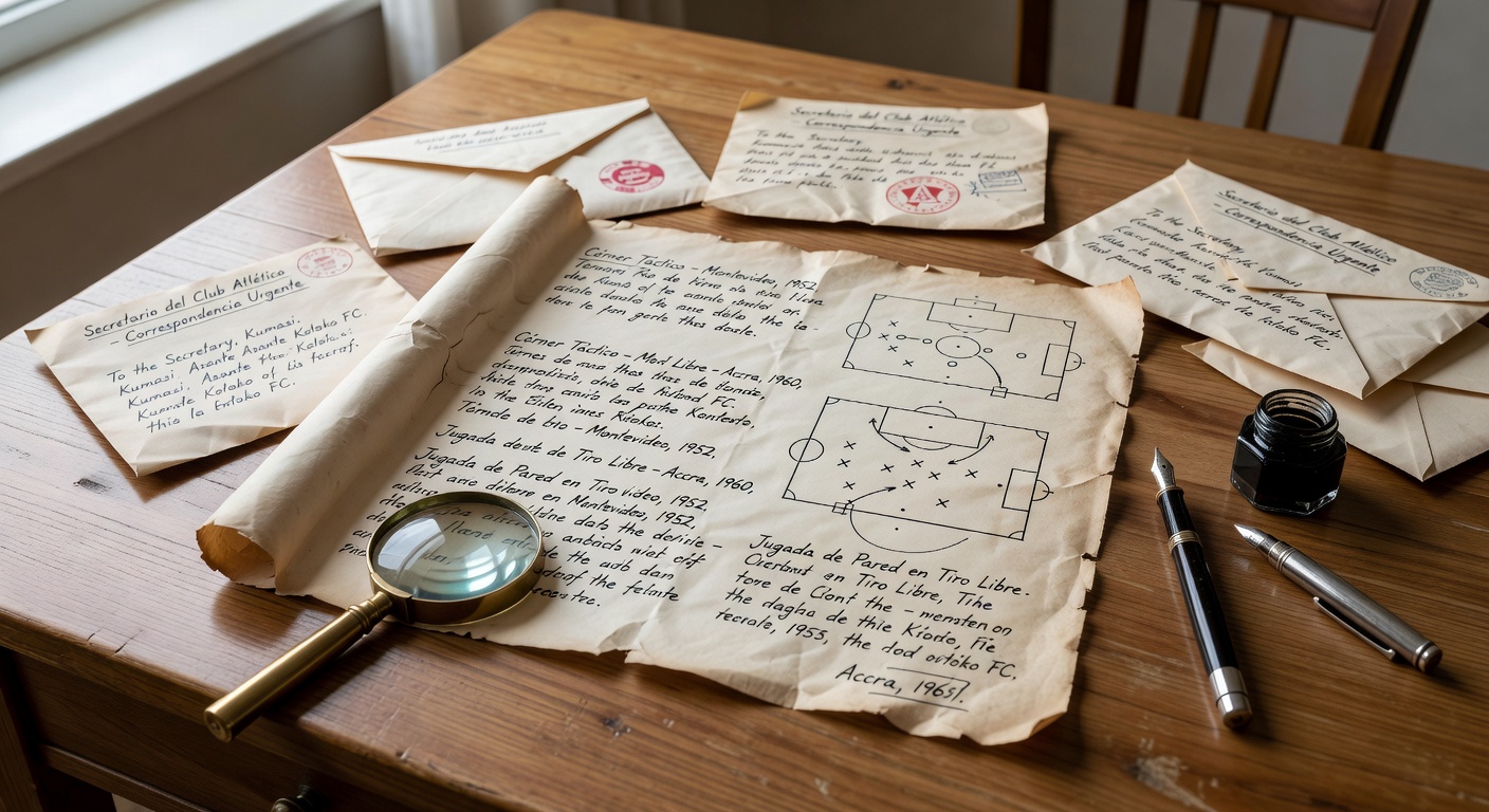 Historical handwritten notes on set-piece routines from post-war South American club archives
