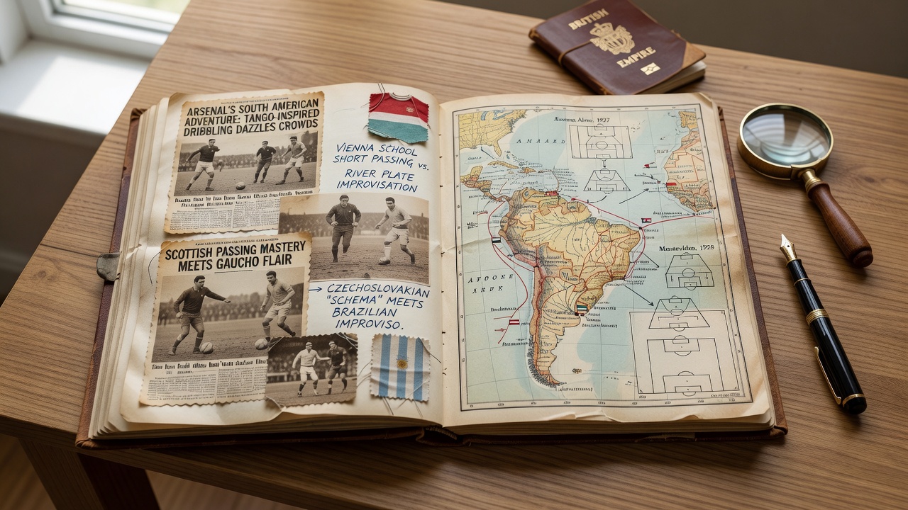 Vintage scrapbook pages showing clippings and notes from European football clubs' early world tours